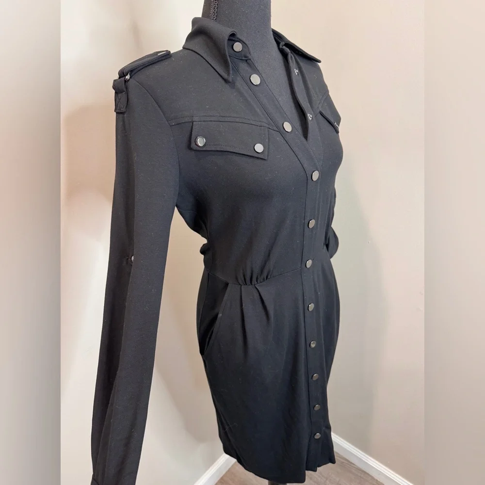 Cache Black Snap Front Shirt Dress‎ Military Style Epaulets Size 4